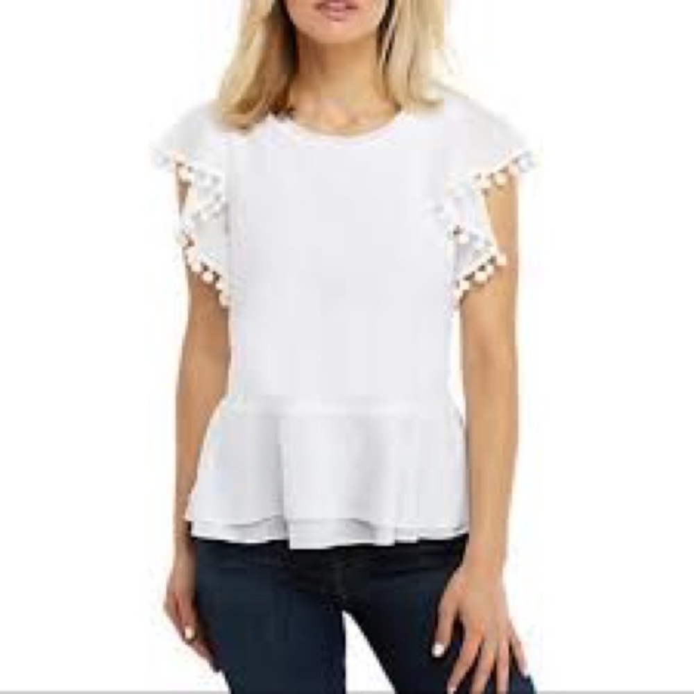 NWT Cupio White Ruffle Top with Pom Poms
